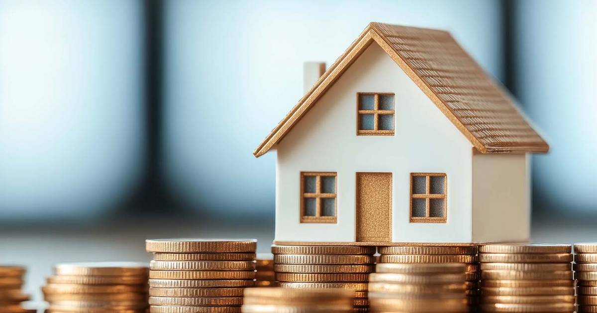 Stapels met munten waarop een huis staat