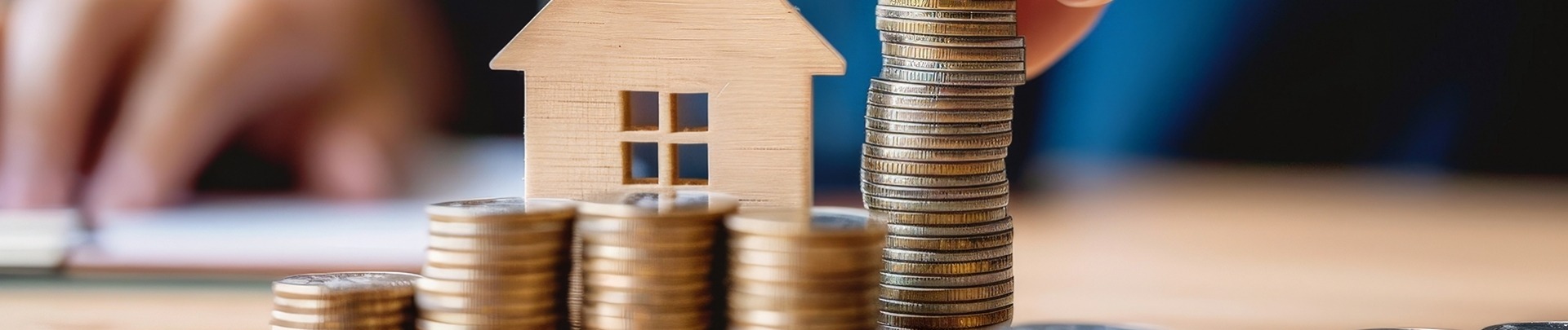 Afbeelding huis met een hand wat stapels muntgeld plaatst